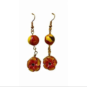 Kvitka Creations Handmade Polymer Clay Red Dahlia Dangle Earrings